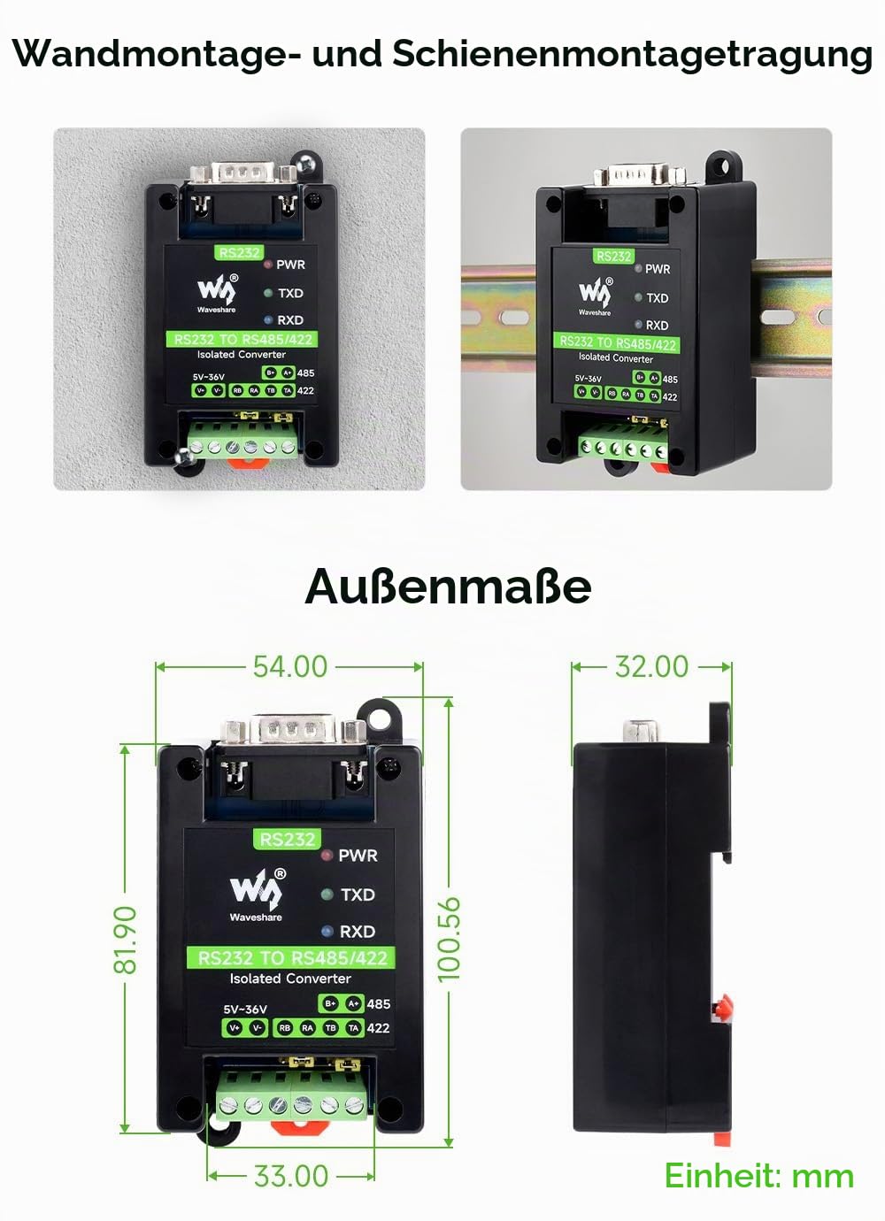 Waveshare RS232 To RS485/422 Active Digital Isolated Converter, Onboard SP3232EEN&amp;SP485EEN Chip, RS2
