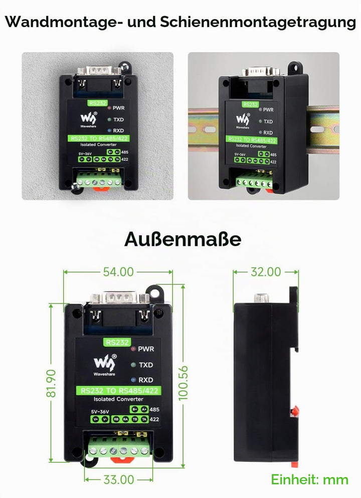 Waveshare RS232 To RS485/422 Active Digital Isolated Converter, Onboard SP3232EEN&amp;SP485EEN Chip, RS2
