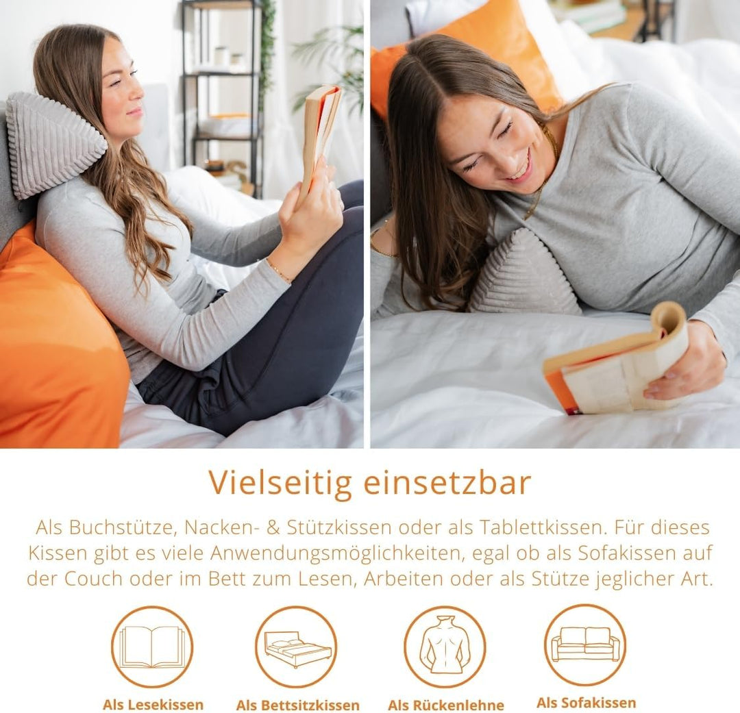 sleepling Bücherkissen Lesekissen, 38 x 18 cm, Silber grau, Leseknochen aus weicher Mikrofaser (380