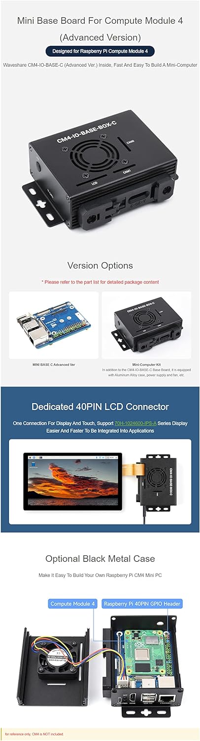 CM4-IO-BASE-C Mini Base Board Mini-Computer with Metal Case Advanced Version for Raspberry Pi Comput