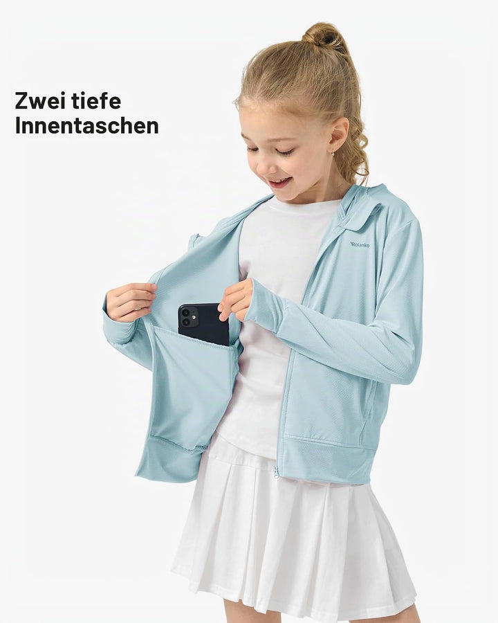 Rolanko Mädchen Sommerjacke mit Daumenlöchern Langarm Sonnenschutz Schnell Trocknend Reissverschluss