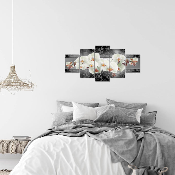 Runa Art Wandbilder Blumen Orchidee 5 Teilig Bild auf Vlies Leinwand Deko Wohnzimmer Abstrakt Grau W