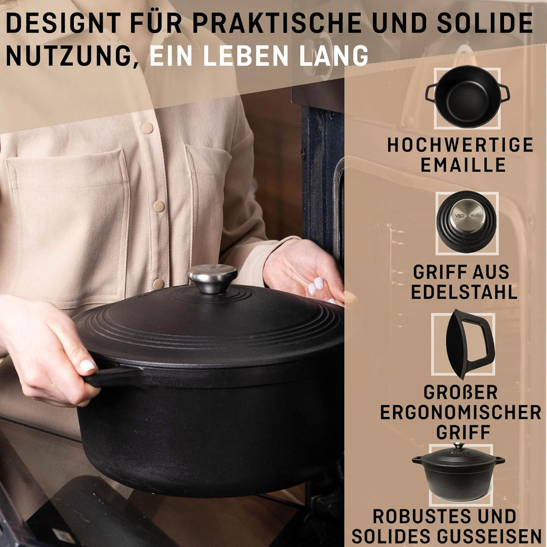 VeoHome Gusseisentopf 6L | Bräter | Gusseisen Topf matt schwarz - Schmortopf |Bratentopf | Bratpfann
