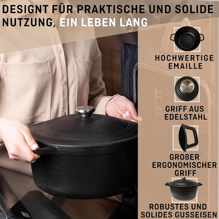 VeoHome Gusseisentopf 6L | Bräter | Gusseisen Topf matt schwarz - Schmortopf |Bratentopf | Bratpfann