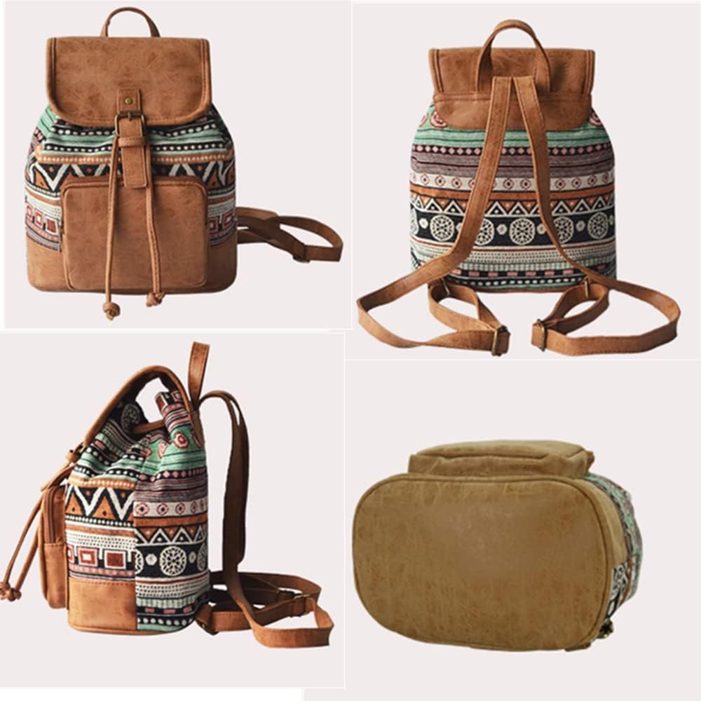 Rucksack Bohemien Klassisch Rucksackhandtaschen Klein Leder und Baumwolle Freizeitrucksack für Schul