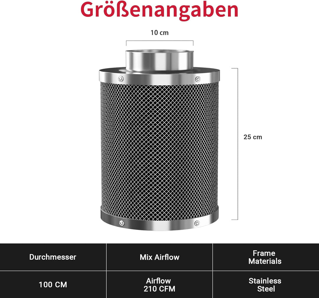 Aktivkohlefilter 100mm, Länge 250mm Mit Hochwertiger Aktivkohle Geruchsneutralisation, Luftreiniger