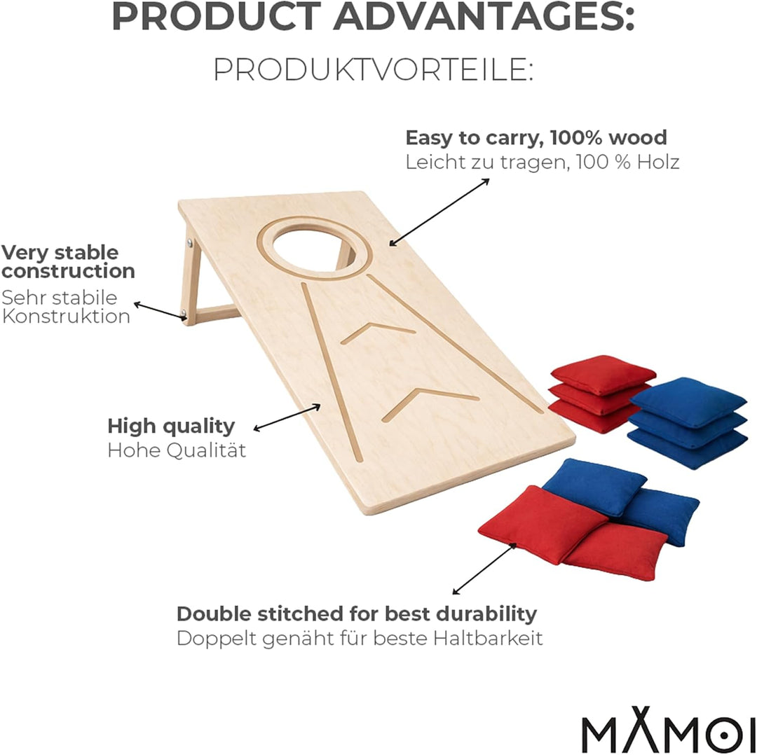 Cornhole Wurfset für Outdoor &amp; Indoor – Bean Bag Toss Set mit 1 Holzbrett und 10 Wurfsäckchen, kompa