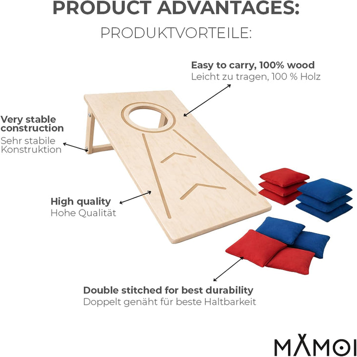 Cornhole Wurfset für Outdoor &amp; Indoor – Bean Bag Toss Set mit 1 Holzbrett und 10 Wurfsäckchen, kompa