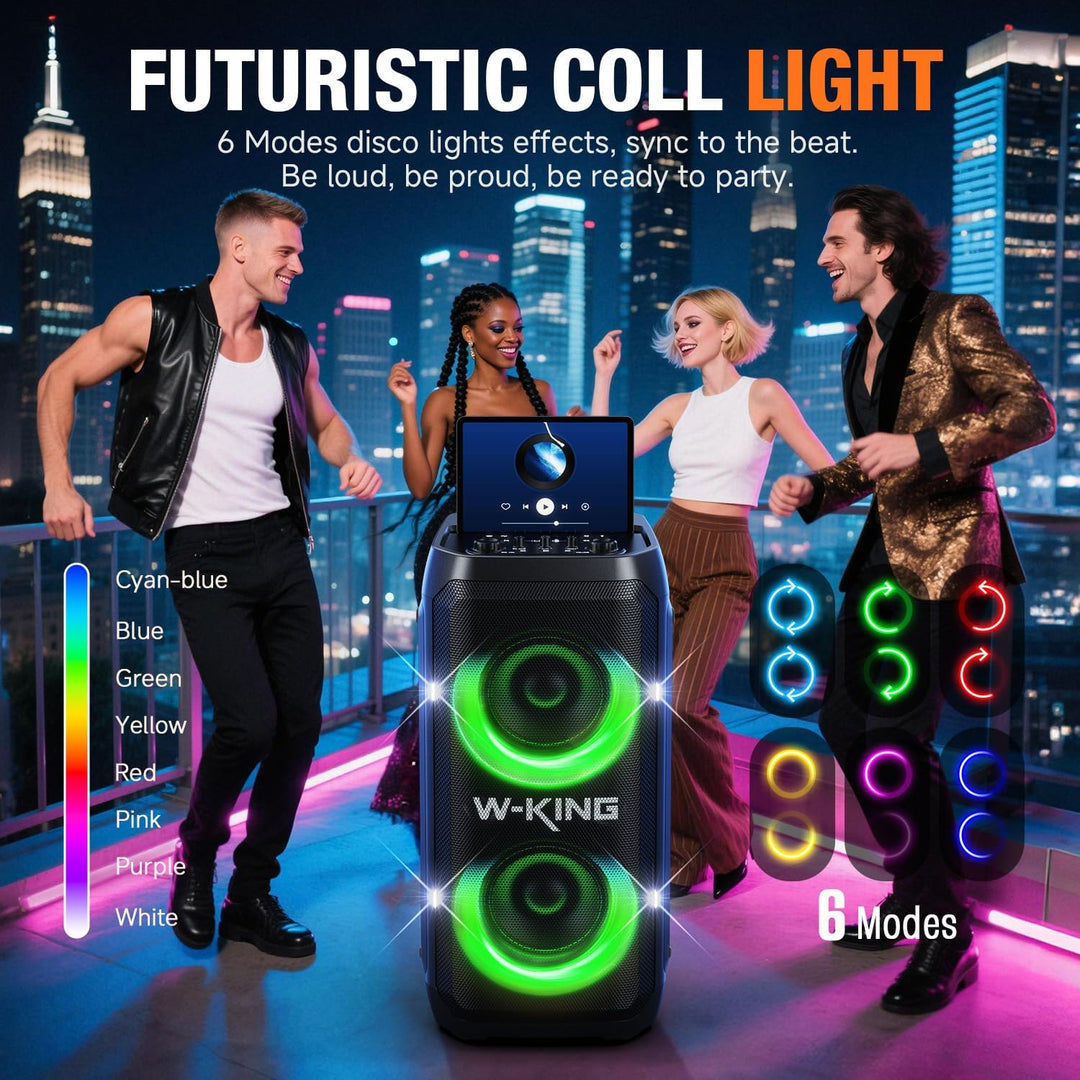 W-KING Tragbare Bluetooth-Lautsprecher-Box mit 370W MAX Pro Sound, Lichtshow, CSB, Bass Boost, Rolle
