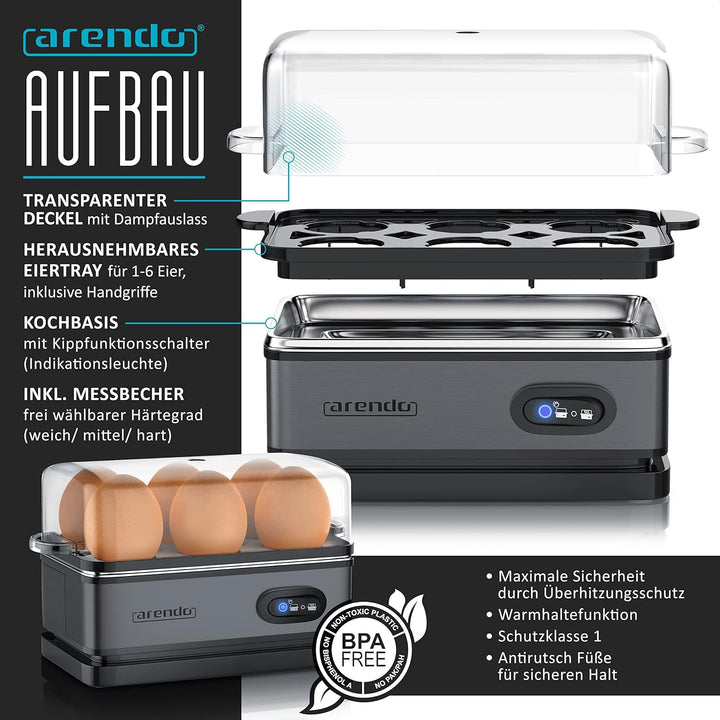 Arendo - SET Eierkocher SIXCOOK mit Toaster FRUKOST Edelstahl Cool Grey, Toaster 4 Scheiben, LED-Dis