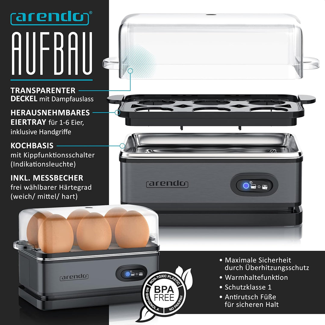 Arendo - SET Wasserkocher ELEGANT mit Eierkocher THREECOOK Edelstahl Cool Grey, Wasserkocher 1,5L 40