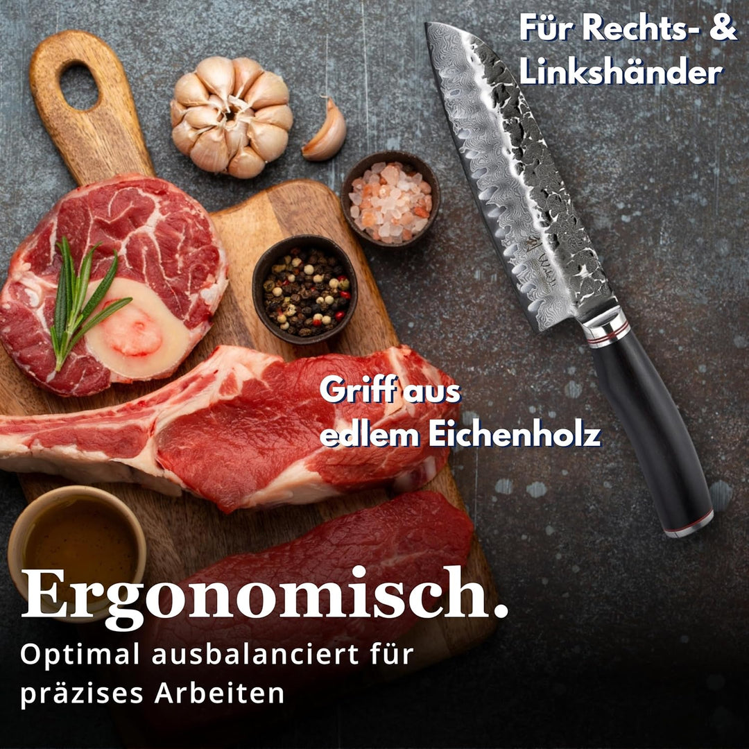 Wakoli EBO Santoku Messer aus echtem Damaststahl (VG10 Kern) 17,5 cm Klinge – Scharfes Damast Küchen