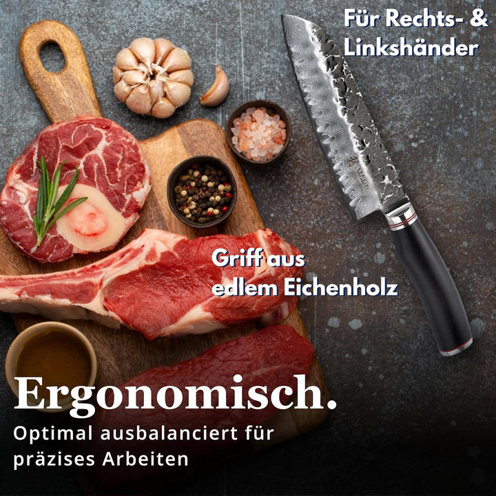 Wakoli EBO Santoku Messer aus echtem Damaststahl (VG10 Kern) 17,5 cm Klinge – Scharfes Damast Küchen