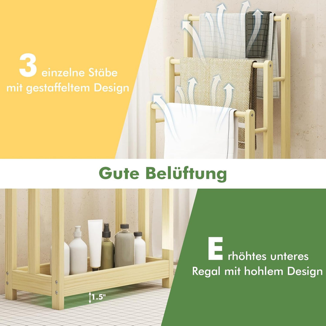 COSTWAY Handtuchständer freistehend, Handtuchhalter Holz mit 3 Handtuchstangen & unterer Ablage & Ki