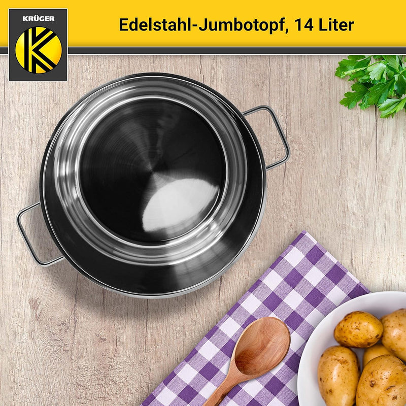 Krüger Edelstahl-Jumbotopf - Kochtopf mit Deckel zum Sichtkochen - energiesparender Kapselboden & Ka