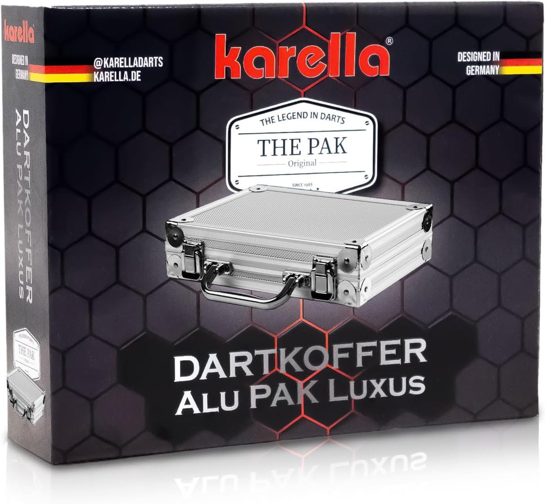 Karella Dartkoffer Alu PAK, grosses Profi Dartcase für 4 Satz Darts, Fächer für Zubehör, robust mit