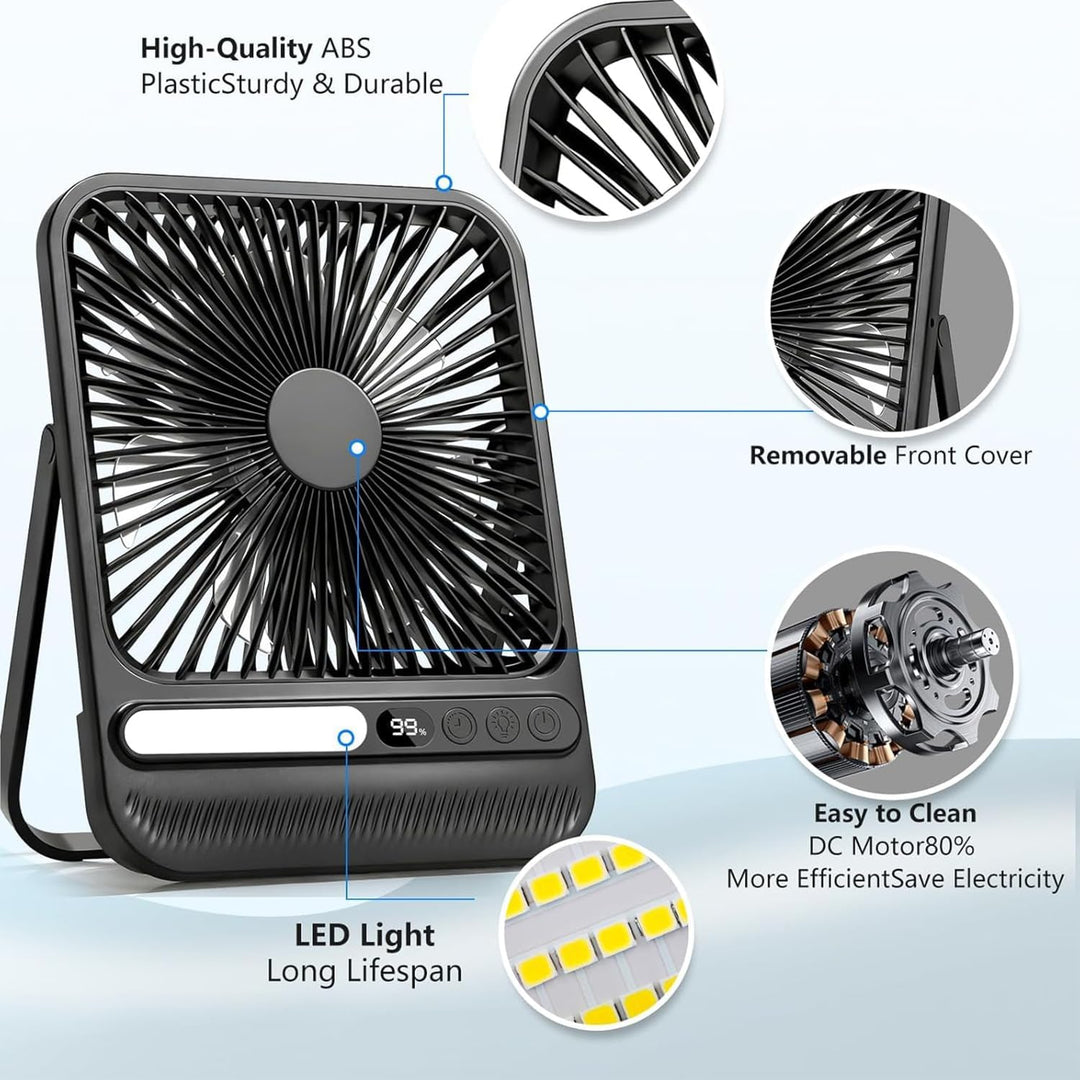 10000mAh Akku Ventilator, Sehr Leiser Tischventilator mit Lampe, 23 cm hoch, bis zu 28 Std. Laufzeit
