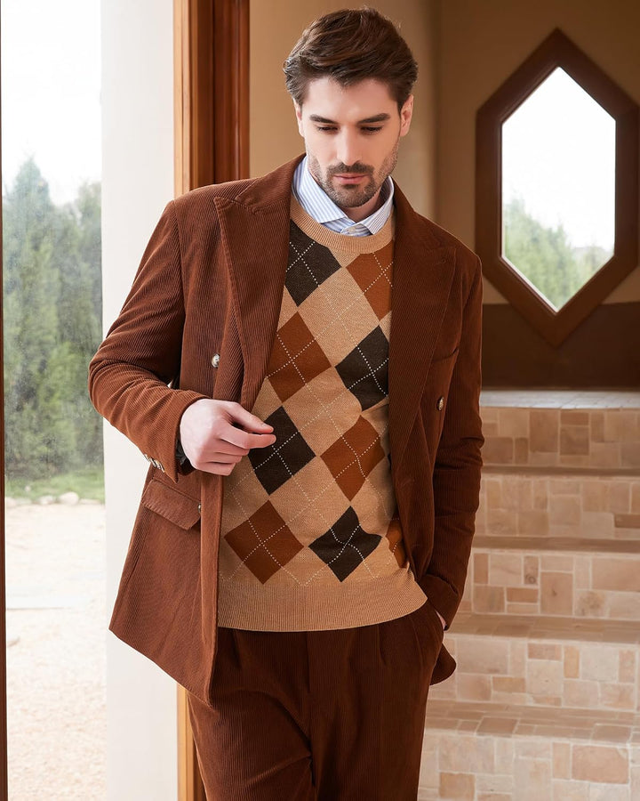 Kallspin Herren Wollmischung Strickpullover Argyle Rundhalsausschnitt Pullover Sweater 3XL Tall Khak