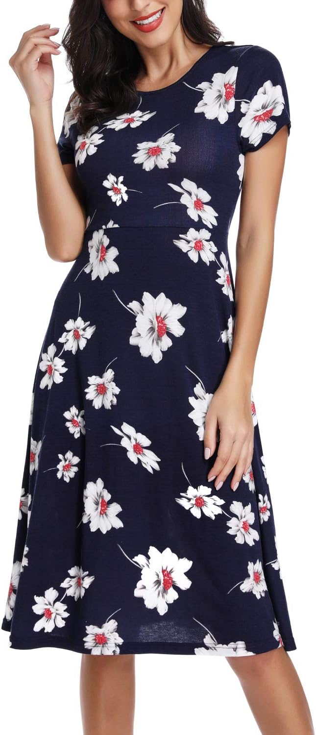 EXCHIC Damen Freizeit Rundhals A-Linie Kurzarm Midi Kleid Elegant Blumen Sommer Knielang Kleider L 3