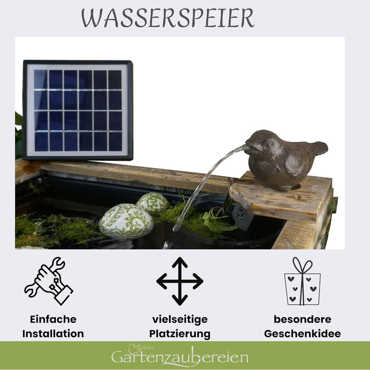 Storm's Gartenzaubereien Wasserspeier Spatz mit Solar- Pumpe, 2 Wahl Gusseisen für Miniteich