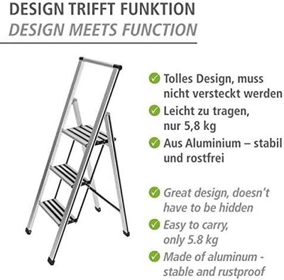 WENKO Leichte Aluminium Trittleiter mit 3 Stufen für 75 cm höheren Stand, rutschsichere XXL-Stufen,