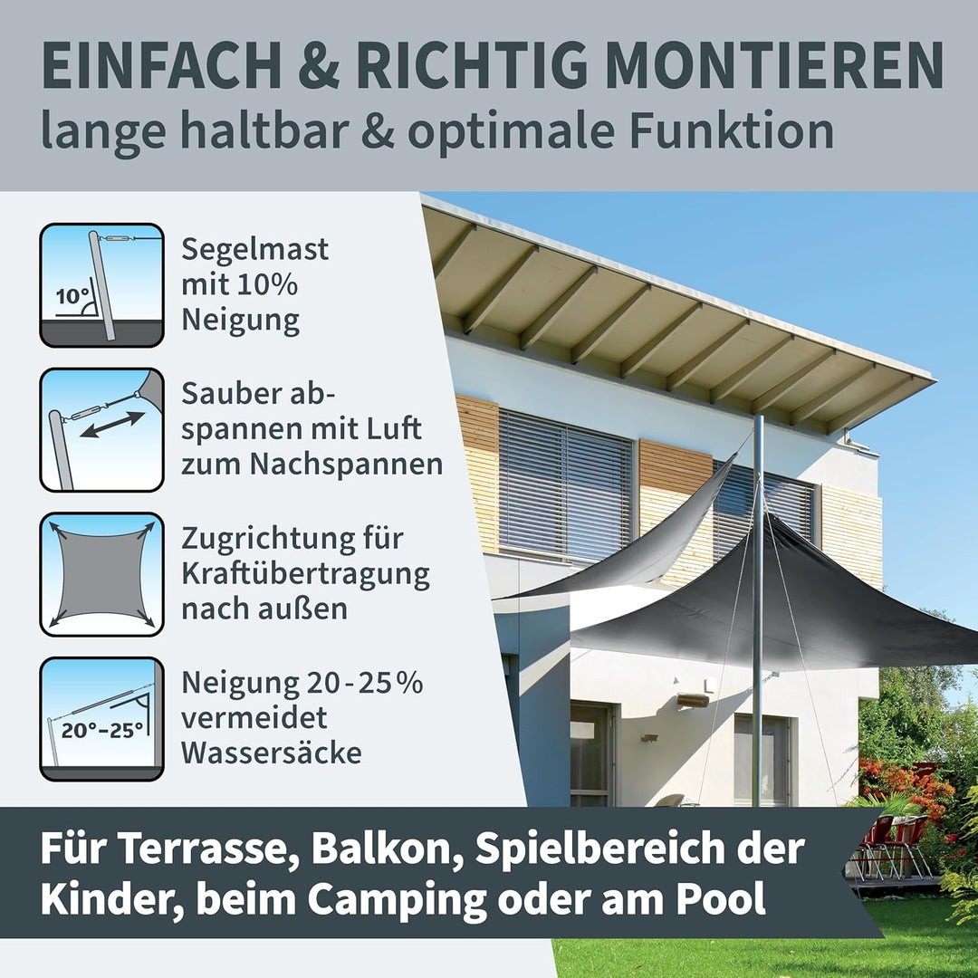TTL Garden 2,6x2,6m Sonnensegel Quadrat anthrazit - Premium Polyester 300D 160g/m² 93% Abschattung -