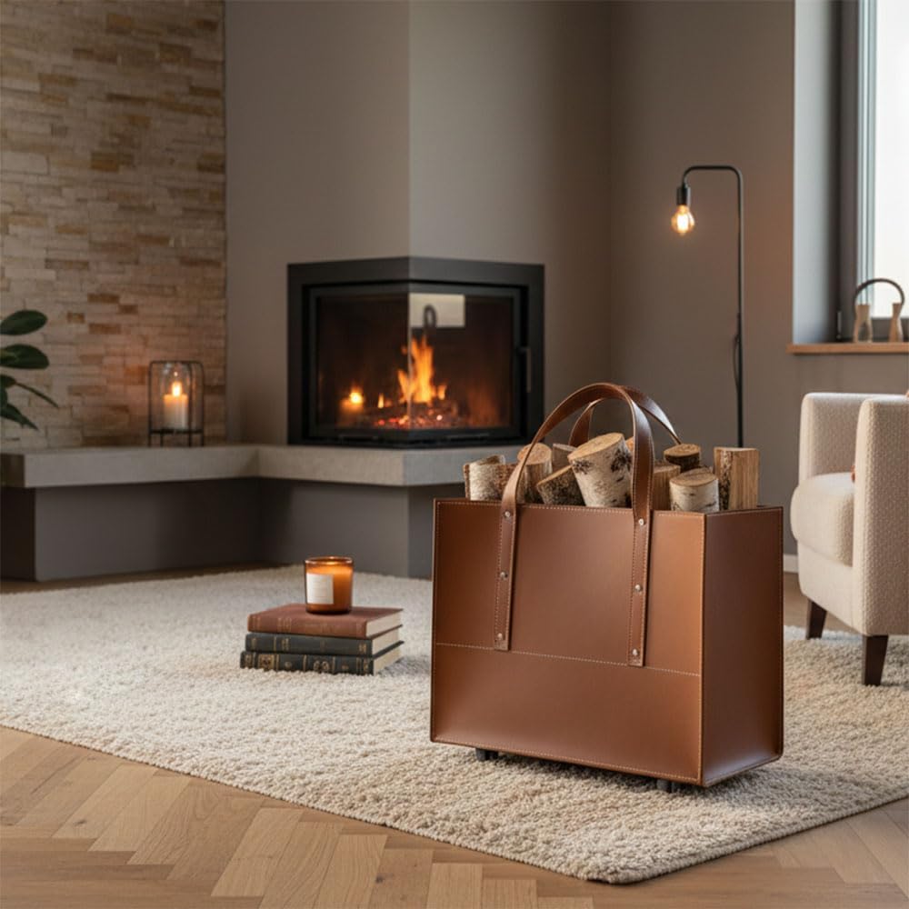 LIMAC Design MANEGHE Kaminholztasche aus Leder für den Innenbereich, Holzkorb für Brennholz, Brennho