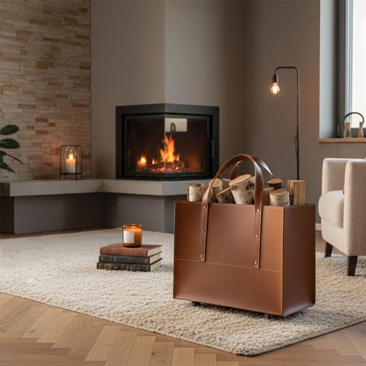 LIMAC Design MANEGHE Kaminholztasche aus Leder für den Innenbereich, Holzkorb für Brennholz, Brennho