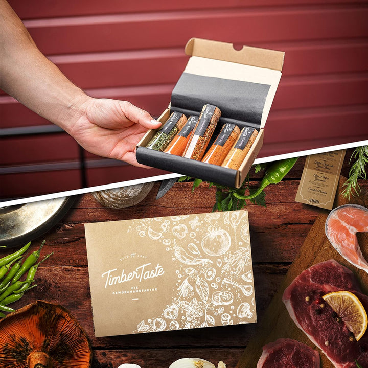 TIMBER TASTE® Grill Gewürze Geschenkset Frauen & Männer | 5 erlesene BBQ Grillgewürze inkl. Rezepte