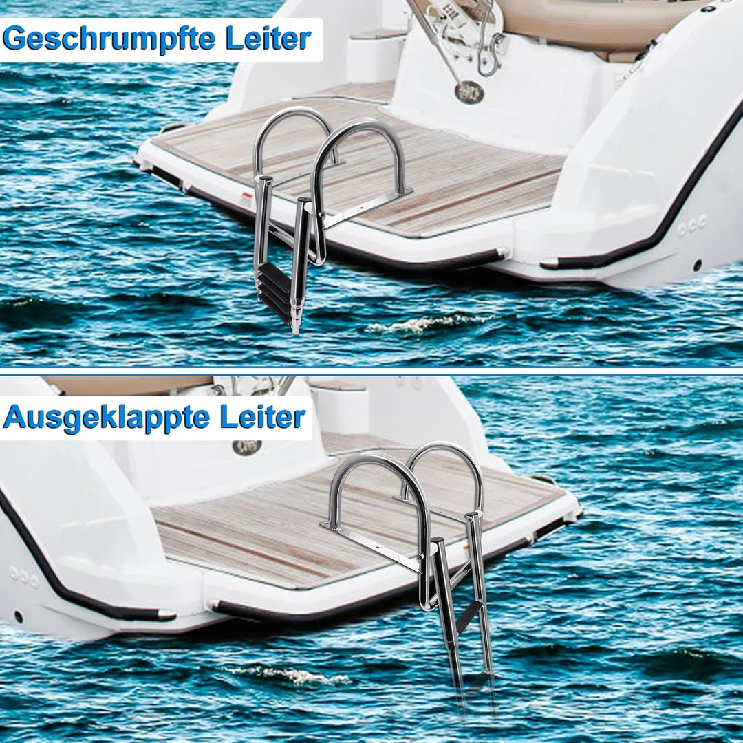 KAOLALI Bootleiter 4 Stufen Poolleiter Edelstahl, Badeleiter Boot Klappbar Teleskop mit Grossen Hand
