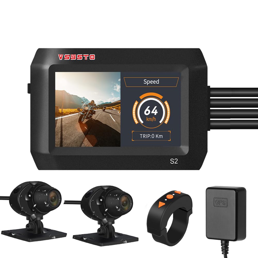 VSYSTO Motorrad-Dashcam, Duale 1080P-Front- und Rückfahrkamera 3-Zoll-IPS-Bildschirm 140 ° Weitwinke