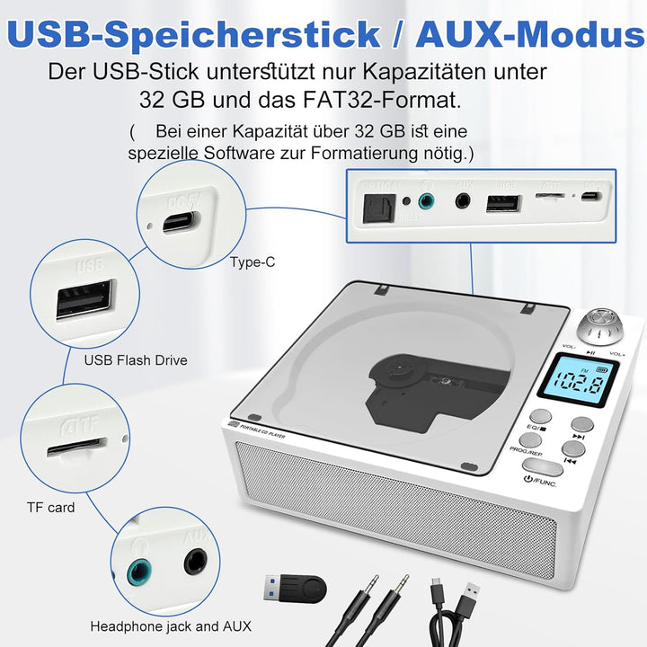 Tragbarer CD-Player mit Bluetooth 5.3 Sender & Empfänger, 4000mAh Akku, HiFi-Sound, USB/TF/AUX, LED-