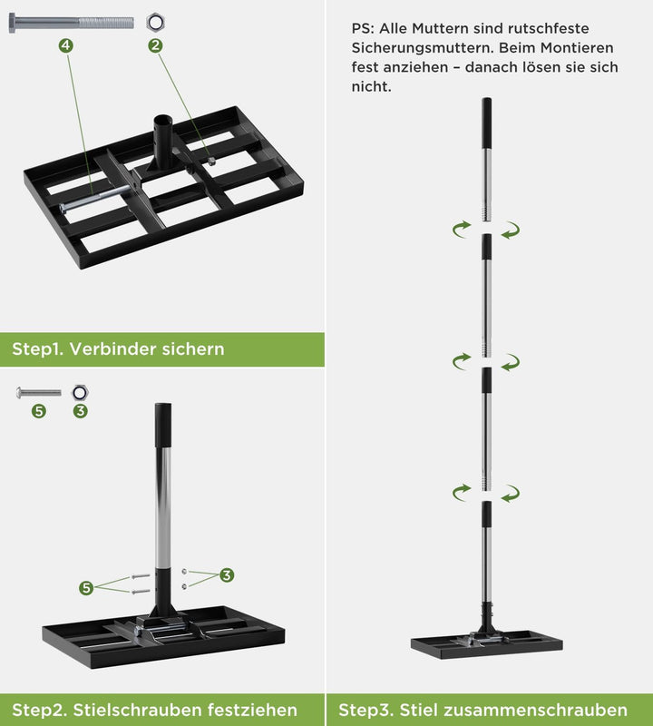 Rasenrakel 43x25cm mit Verstellbarem 180cm Langem Edelstahlstiel, Robuster & Kraftsparender Garten R