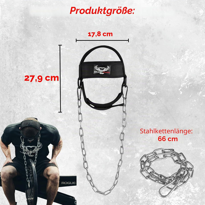 BEAST RAGE Kopfgeschirr, Halstauchen, strapazierfähig, lange Stahlkette, verstellbar, Fitness-Halsge