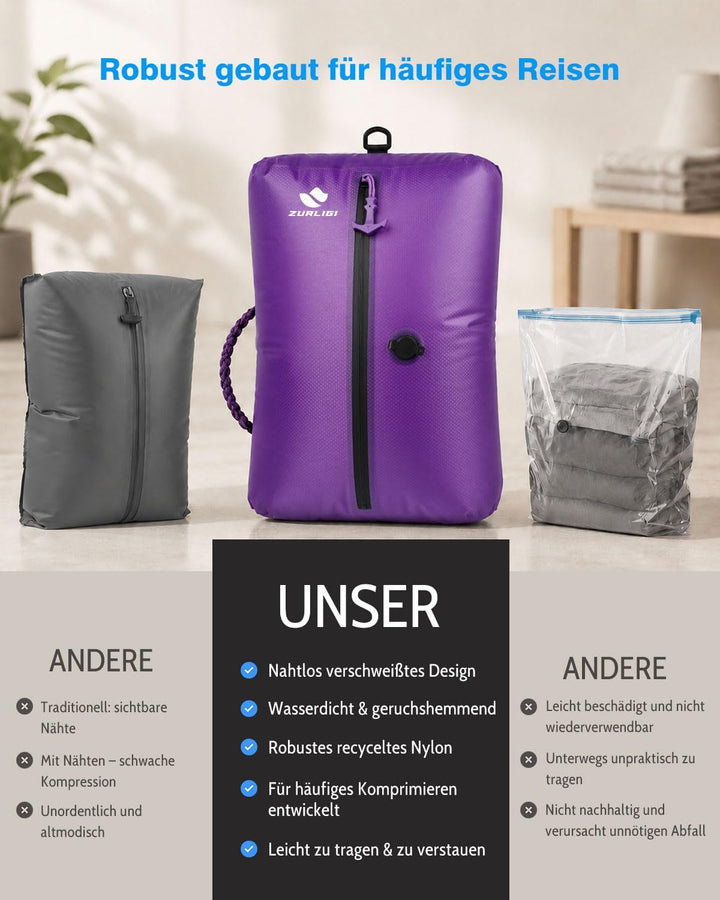 Zurligi 39L Vakuumbeutel-Reiseset mit Pumpe, Nylon, Griff, Lila, 2 Stück | Wiederverwendbare, wasser