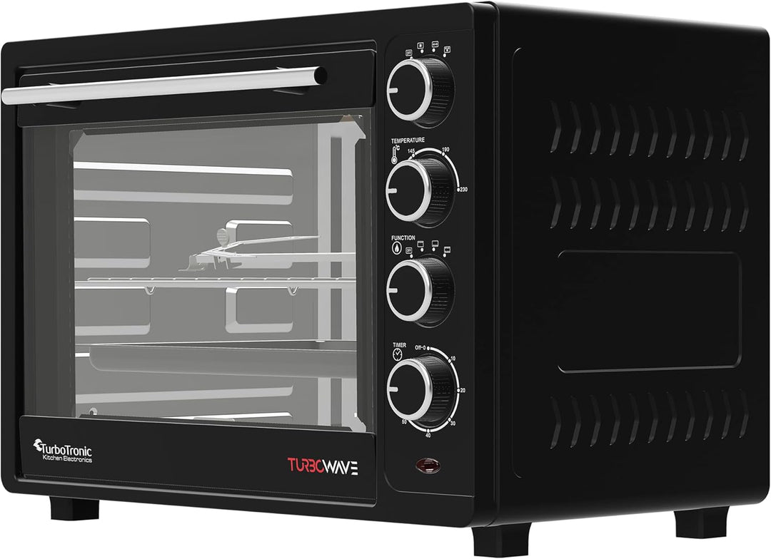 TurboTronic Minibackofen mit Umluft 35l schwarz 1600W, Mini Backofen mit 2 Backblechen, Timer, Pizza