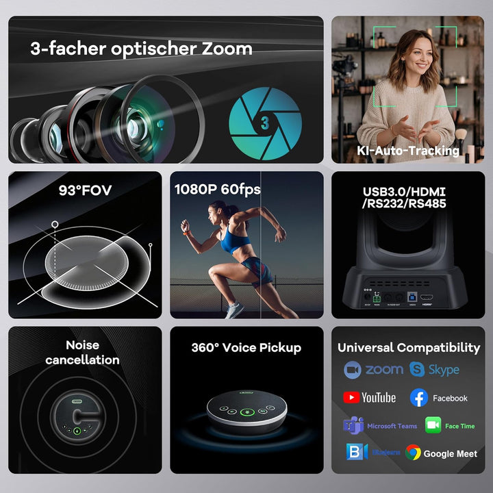 TONGVEO Konferenzraum-Kamera-System mit Bluetooth-Mikrofon, 3X 1080P 60fps USB PTZ Video-Kamera-Kit