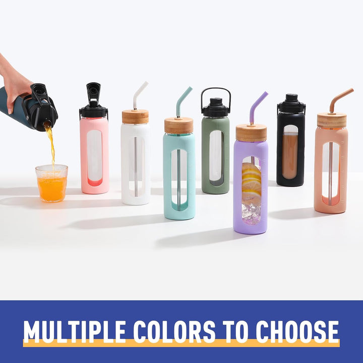 BLUEGO 700ml Glaswasserflasche mit Strohhalm und 2 Deckeln Kaffeetasse aus Glas mit Zeitmarkierung u
