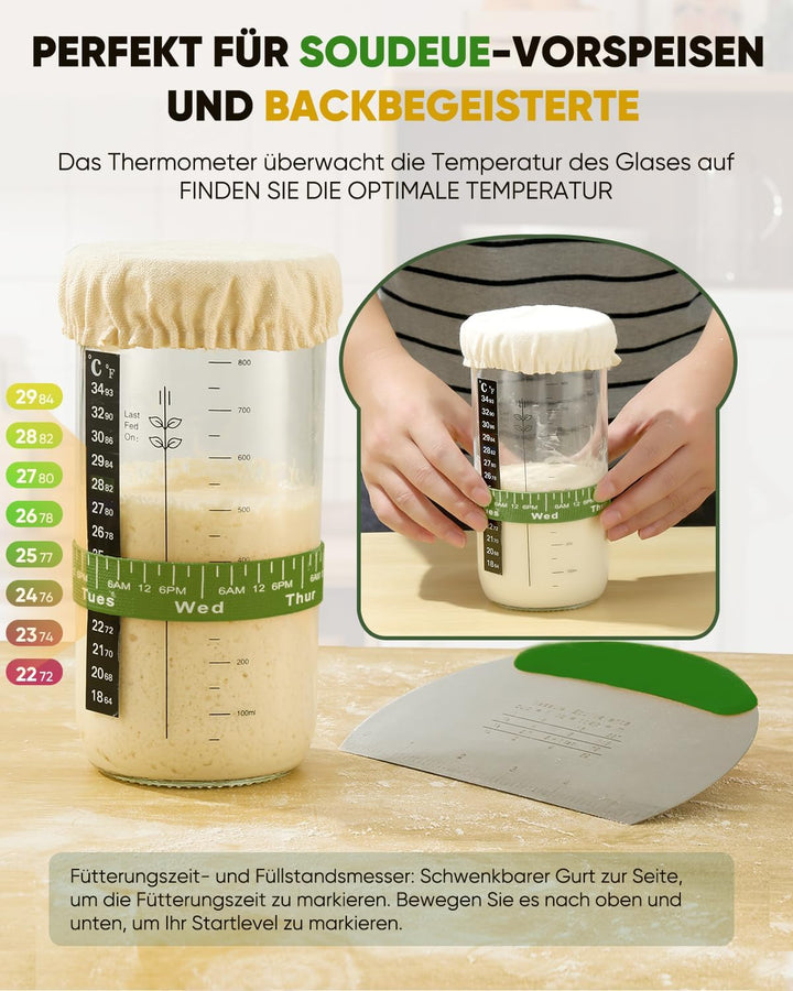 Sauerteig Starterset aus 2x Gärkörbchen Silikon 1000ml Gärglas mit Spatel,Brot Backen Zubehör Teigsc
