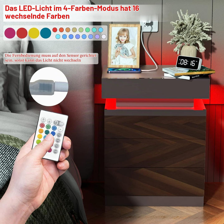 PIPIPOXER Nachttisch mit LED Beleuchtung, Beistelltisch in Schwarz mit grossen Stauraum,Nachttische