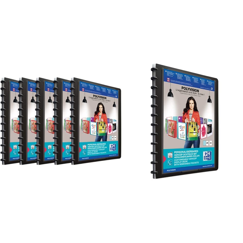 Oxford polyvision Ringmappe A4, mit vario-zipp, 20 Hüllen, schwarz, 5er Pack & Ring-Mappe A4, polyvi