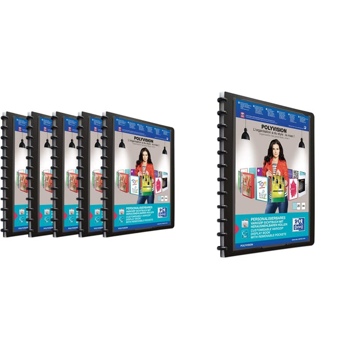 Oxford polyvision Ringmappe A4, mit vario-zipp, 20 Hüllen, schwarz, 5er Pack & Ring-Mappe A4, polyvi