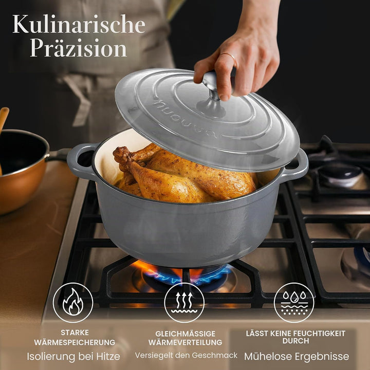 Gusseisen Dutch Oven mit Deckel – Emaille-Schmortopf mit Antihaft, Ofenfest – Grau, 6.9 Liter, 30 cm