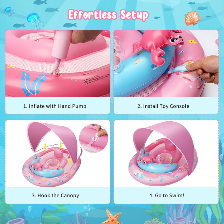 Baby-Schwimmring mit Sonnendach UPF 50+ Sonnenschutz, verstellbarer Sicherheitsgurt & Spielzeug, Auf