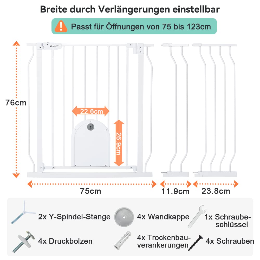 COMOMY Treppenschutzgitter/Türschutzgitter Ohne Bohren, 75-123cm Automatisch Schliessendes Hundegitt