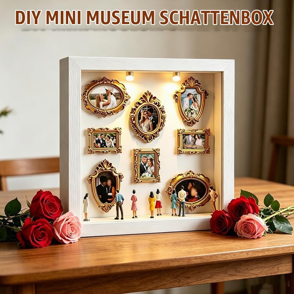 DIY Mini Museum Shadow Box mit LED Licht - Mini Bilderrahmen Vintage Set mit 8 Gold Rahmen &amp; 8 Figur