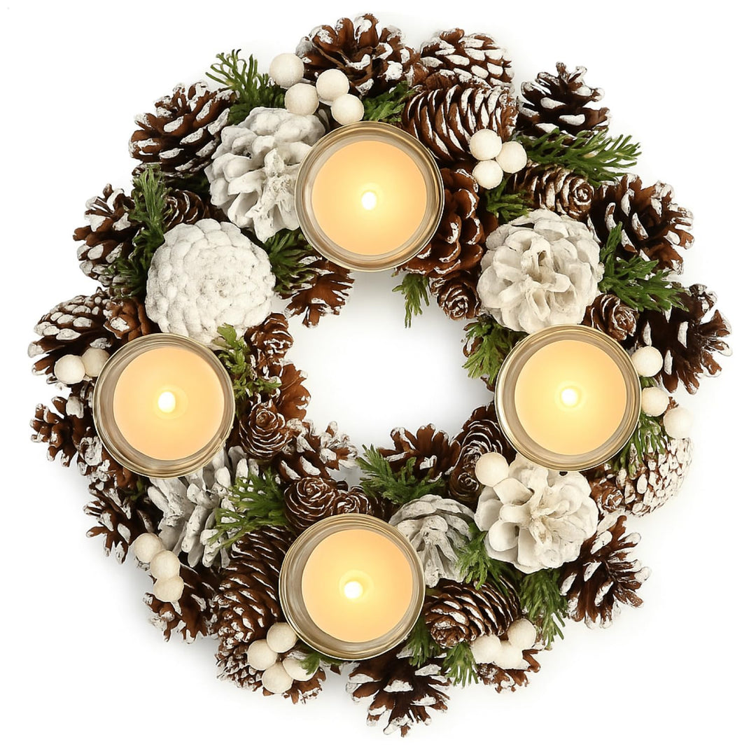 COM-FOUR® Tischkranz für Weihnachten - weisser Adventskranz mit Zapfen - Dekokranz mit 4 Teelichthal