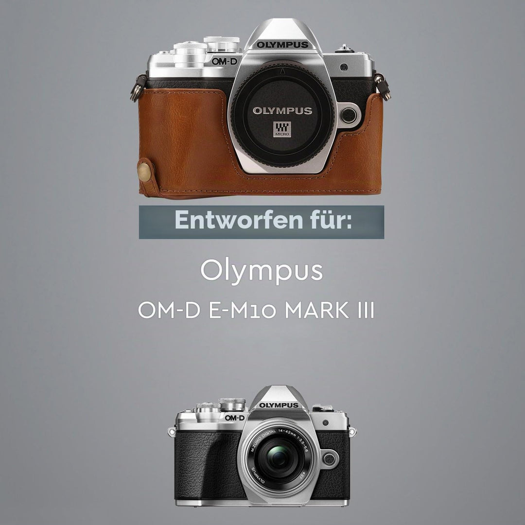 MegaGear Ever Ready Leder Kamera Halbtasche mit Trageriemen kompatibel mit Olympus OM-D E-M10 Mark I