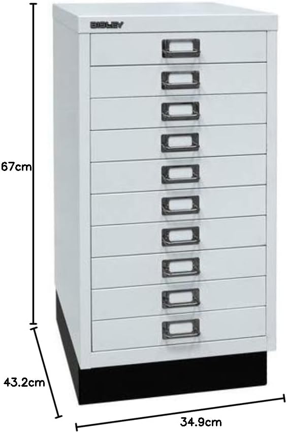 BISLEY MultiDrawer, 29er Serie mit Sockel, DIN A3, 10 Schubladen, Metall, 645 Lichtgrau, 43.2 x 34.9