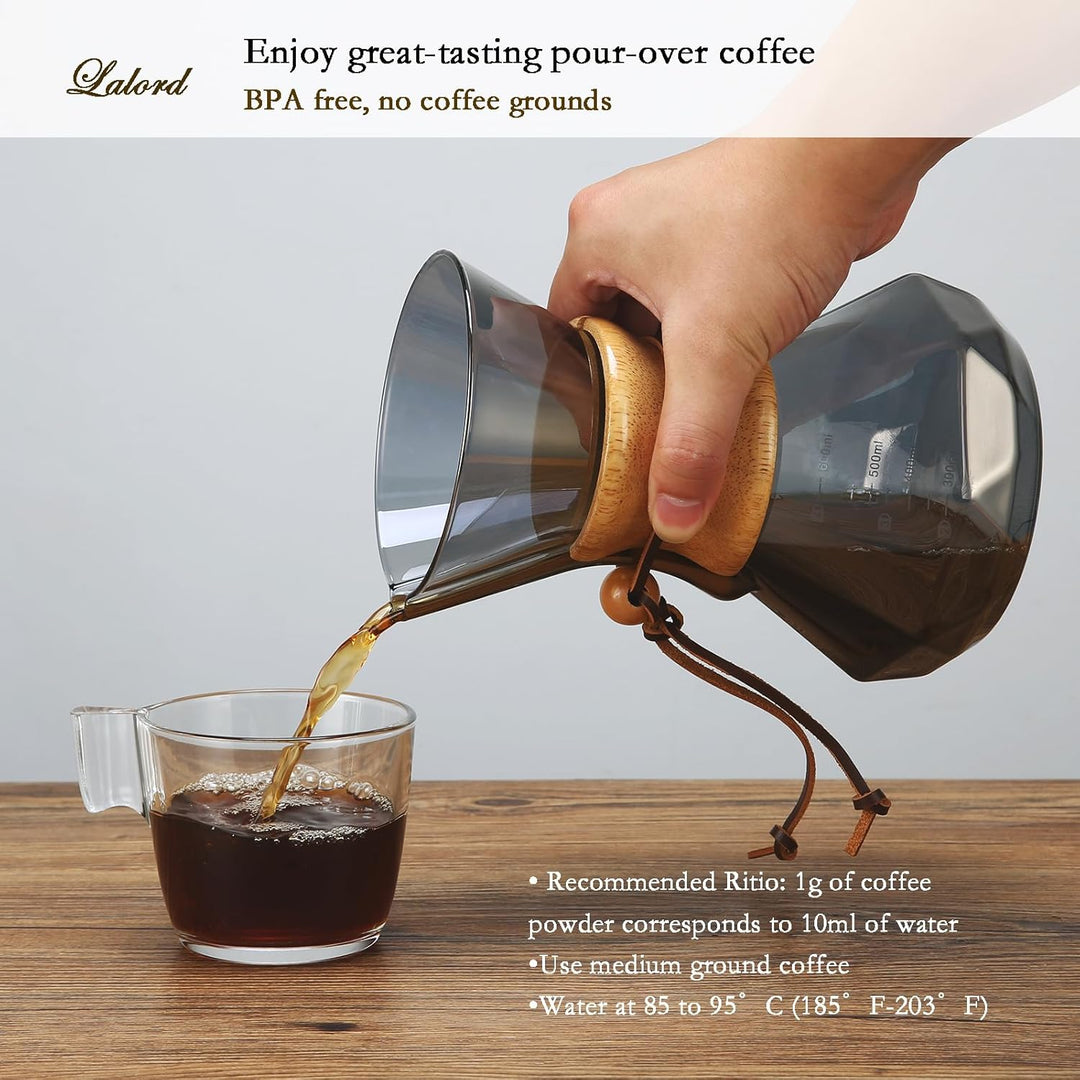 Lalord Pour Over Kaffeebereiter mit Edelstahlfilter, 600 ml Borosilikatglas Kaffeekaraffe, Holzkrage